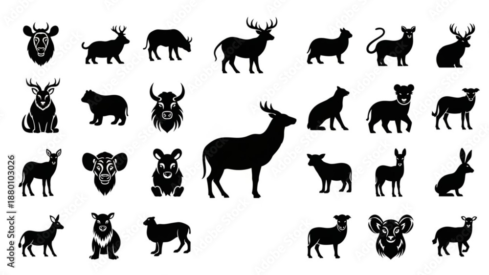 Fototapeta premium Black and white animal silhouettes arranged in clean vector icon rows
