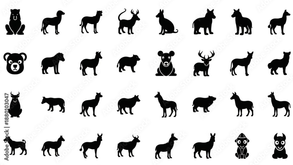 Fototapeta premium Black and white animal silhouettes arranged in clean vector icon rows