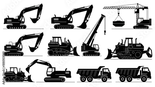 Black and white construction machinery silhouettes aligned in rows flat vector style