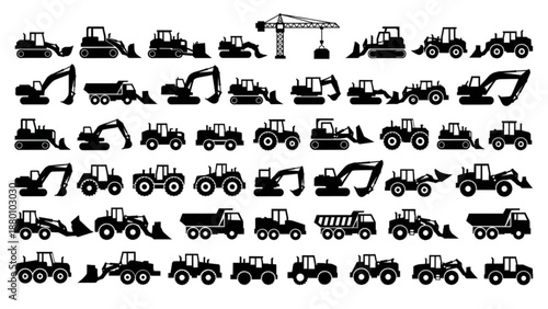 Black and white construction machinery silhouettes aligned in rows flat vector style