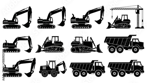 Black and white construction machinery silhouettes aligned in rows flat vector style