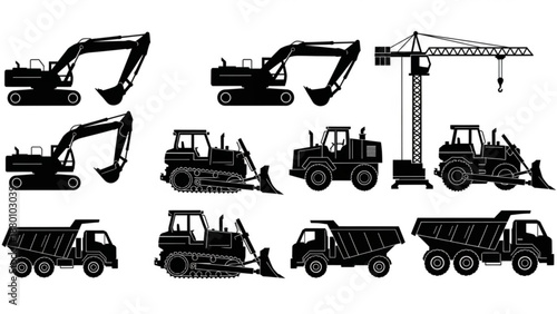 Black and white construction machinery silhouettes aligned in rows flat vector style