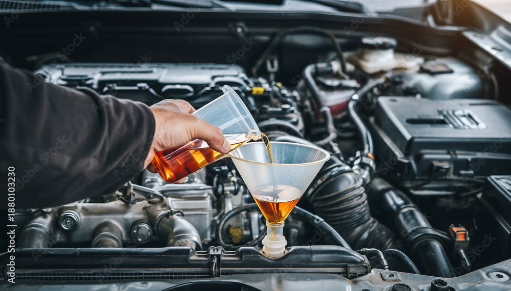 Fototapeta premium Pouring fresh motor oil into a car engine during a routine maintenance check for optimal performance and longevity