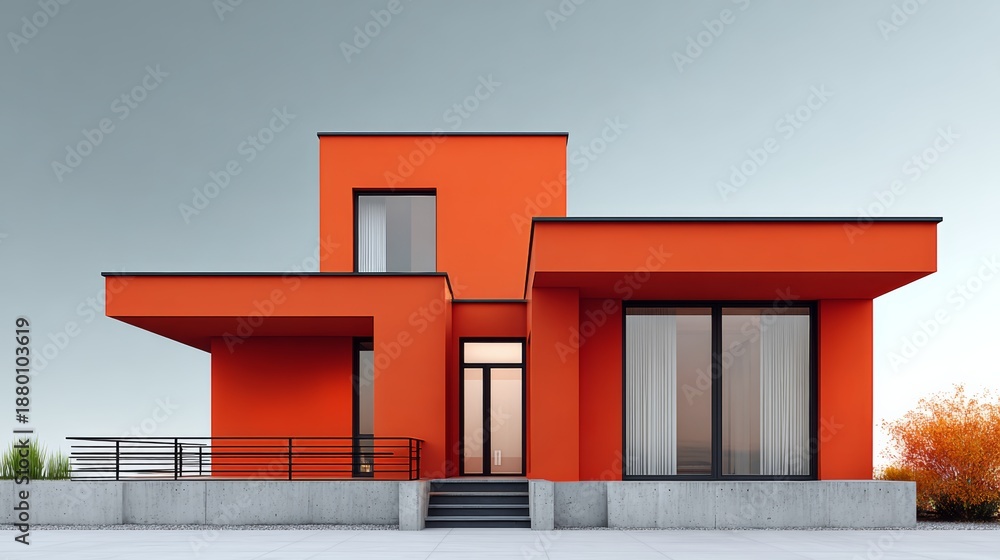 Fototapeta premium A red house with a white trim and black windows. The house is situated in a grassy area with a tree in the background. The house has a modern design and he is a single-story home