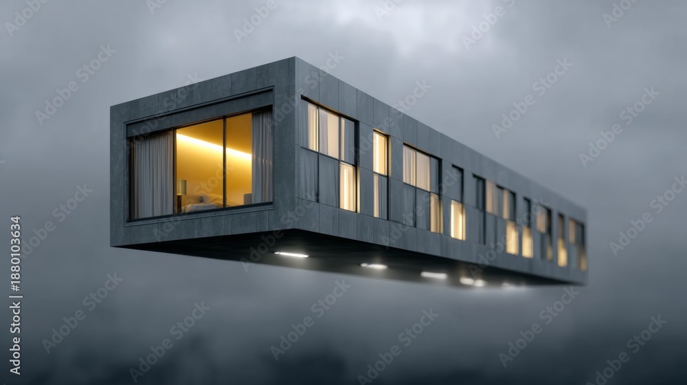 Obraz premium A large gray building with a window and a balcony. The building is floating in the air. Scene is mysterious and surreal