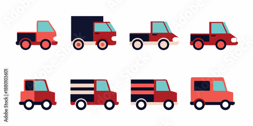a set of eight different red trucks with various cargo holds