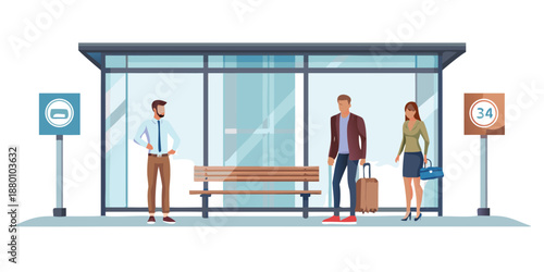 People waiting at a bus stop with a shelter and surrounding signage