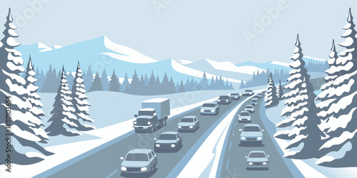 A winter highway scene with trucks and cars traveling through snowy mountains