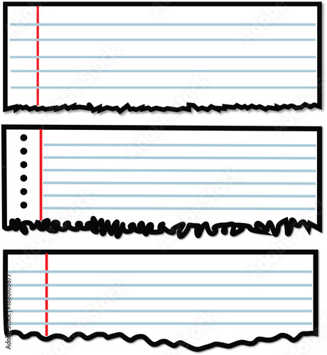 Set of Horizontal Torn Lined Paper Scraps with Red Margin Lines and Jagged Edges, Blank Notebook Page Fragments for Notes, Bulletins