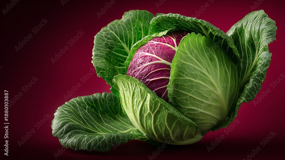 Obraz premium A large cabbage is displayed on a red background. The cabbage is the main focus of the image, and it is fresh and vibrant. The red background adds a pop of color and contrast to the image