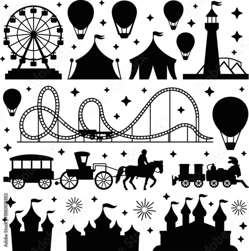 Amusement Park Elements Silhouette Set with Ferris Wheel Roller Coaster Hot Air Balloons Circus Tents and Fairground Attractions for Carnival Festival and Travel Graphic Design