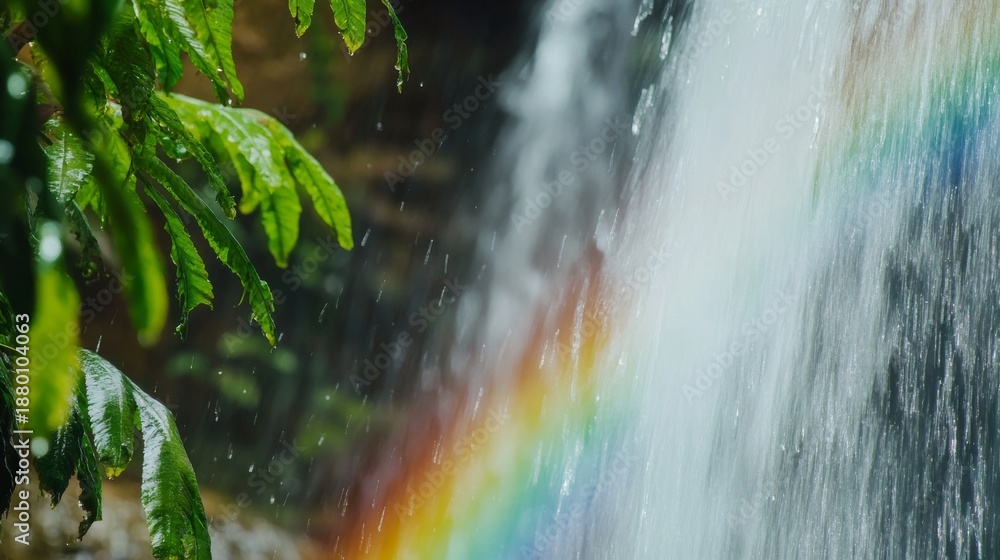 Obraz premium Waterfall flows over rocks, surrounded by vibrant green leaves, with a rainbow visible in the mist, creating a peaceful and refreshing natural scene
