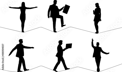 Business People Silhouettes Walking On Tightrope Carrying Laptop and Briefcase Representing Risk Management Career Challenges Work Life Balance and Financial Stability Concept