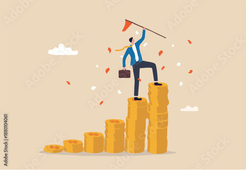 Financial success, reaching financial freedom, money achievement or earning profit or savings or investment goal concept, success businessman holding winning flag on top of money coins stack.