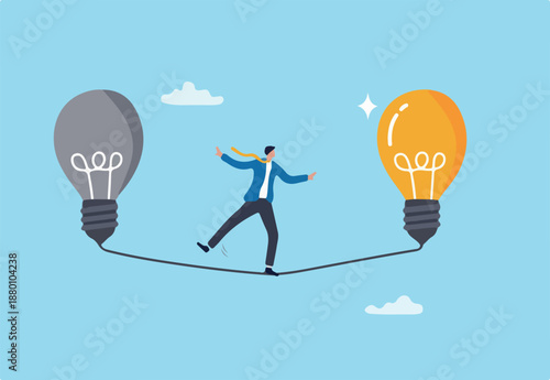 Change or leadership transition, progress to new idea, business direction or discover opportunity, solution to solve problem, challenge concept, businessman walk from old to bright lightbulb idea.