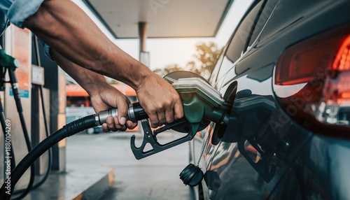 Close-up of a person's hands operating a fuel pump nozzle to fill a car with gasoline at a service station, representing energy, travel, and expenses