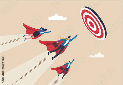 Team target, teamwork or professional aiming and reach business goal, work achievement, cooperation to success, leadership or challenge concept, business people superhero fly to reach target bullseye.