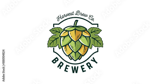 Stylized hop cone and leaves in a brewery logo design