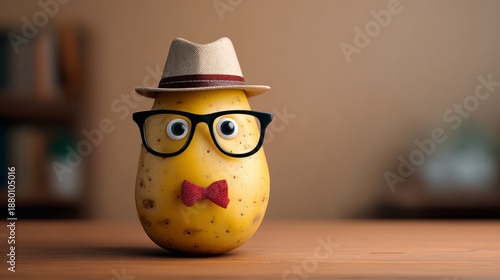 A potato with glasses and a bow tie is sitting on a table. The potato is wearing a hat and has a pair of glasses on its face. The image is playful and whimsical