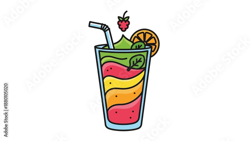 Vibrant layered fruit smoothie with straw and garnishes vector illustration.
