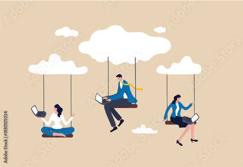 Cloud computing, remote work on company cloud infrastructure, technology to connect people concept, people businessman and woman office employees working with computer laptop on swing suspend on cloud
