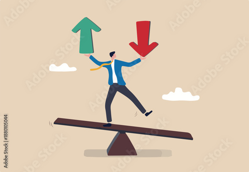 Loss and gain on investment, earning, profit or lose money from stock or crypto trade, financial green and red arrow chart concept, businessman investor balance on seesaw holding loss and gain arrow.