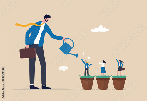 Talent development, career growth, training or coaching staff develop skill, employee improvement, HR human resources concept, businessman manager watering growth talented staff in grow seedling pot