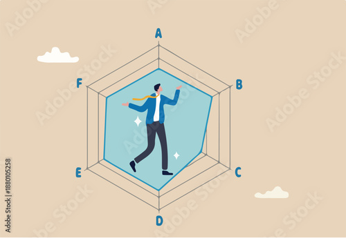 Evaluation for candidate or performance review, area to improve or appraisal score, skill or measurement to analyze staff to fit in job concept, businessman with score on spider radar chart diagram.