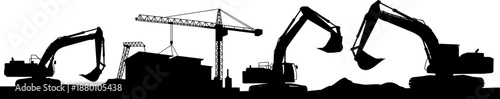 Heavy Construction Machinery Silhouette Set with Excavators and Tower Cranes on Industrial Building Site for Civil Engineering Earth Moving and Urban Development Projects Illustration