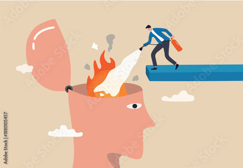 Therapy to cool down burning mind or anger, reduce burnout or mental illness, depression, cure anxiety and stress concept, man with fire extinguisher try to extinguish burning fire on human head.