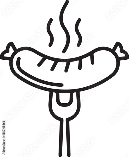 A steaming, freshly grilled sausage held on a fork, perfect for a hearty meal or outdoor barbecue, symbolizing classic comfort food