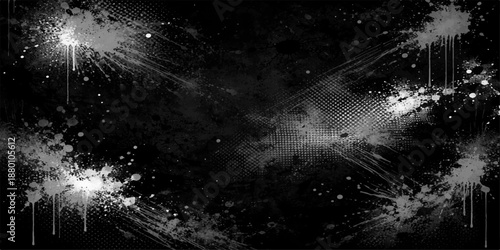 An abstract black and white grunge background depicts a dark celestial night sky filled with a deep universe starfield and bright nebula light across the cosmos