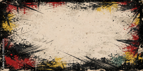 Aged abstract grunge background with a vintage textured pattern of dirty red paint and black blood splatters on an old paper wall frame