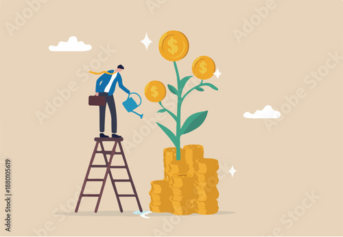 Mutual fund or growing investment, wealth profit growth or earning increase, savings or wealth management, pension fund concept, businessman investor watering stack dollar coin to grow money plant.