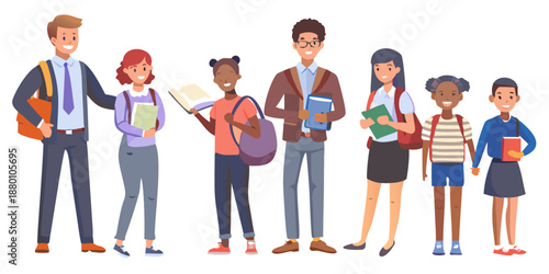 Diverse group of students standing together holding books and backpacks