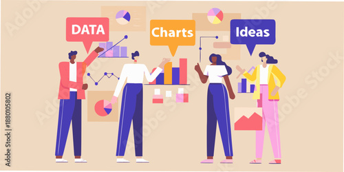 Team collaboration with data analysis charts and brainstorming ideas visually represented