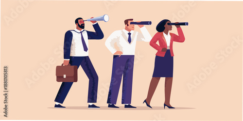 Diverse business team looking through telescopes symbolizing vision and future planning