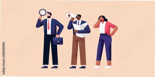 Business team in discussion magnifying glass megaphone and paperwork explored