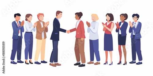 A group of diverse professionals applauding a handshake agreement