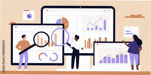 Data analysis and business growth illustration with digital devices and people