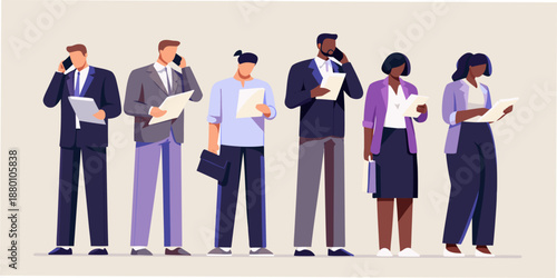 A diverse group of business professionals standing in a line holding documents