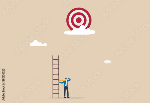 Mistake and error causing business problem and missing goal, disappointment or mission fail, hopeless on unreachable target concept, hopelessness businessman with too short ladder cannot reach target.