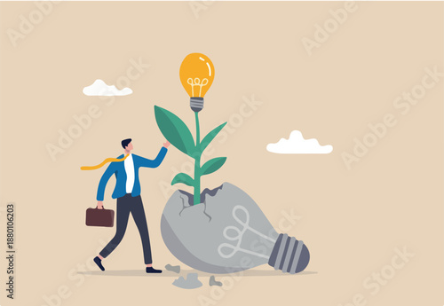 Fail to success, aspiration and effort to invent new innovation, learn from mistake or motivation to success, cheerful businessman look at seedling bright lightbulb idea plant grow from broken one