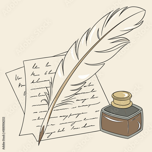 Vintage quill pen on handwritten documents with inkwell, literary composition