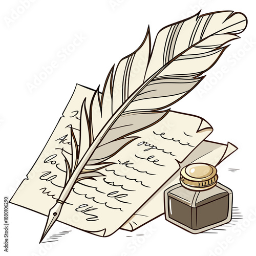 Antique quill pen on parchment paper with inkwell, historical writing vintage