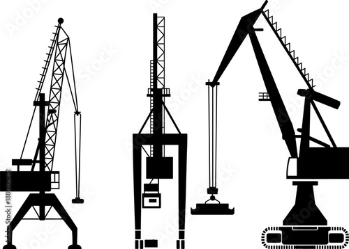 Industrial Harbor Cranes Silhouettes Set Featuring Port Cargo Lifting Equipment Port Machinery For Logistics Shipping And Construction Industry Icons Isolated On White Background Vector