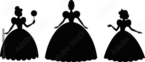 Set of Beautiful Princess Silhouette Figures Wearing Elegant Ball Gowns for Fairy Tale Storytelling Royal Queen Character Design Wedding Invitation and Fantasy Illustration
