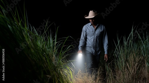 Cowboy man walking through tall grass with flashlight at night, dramatic western wilderness search scene with suspense and survival mood