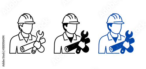 Engineer and Technician Icon Set with Hard Hat, Wrench, and Blueprint for