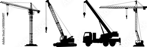 Set of Construction Crane Silhouettes Including Tower Cranes and Mobile Truck Cranes for Civil Engineering Industrial Building Sites Heavy Machinery Equipment and Urban Development Projects